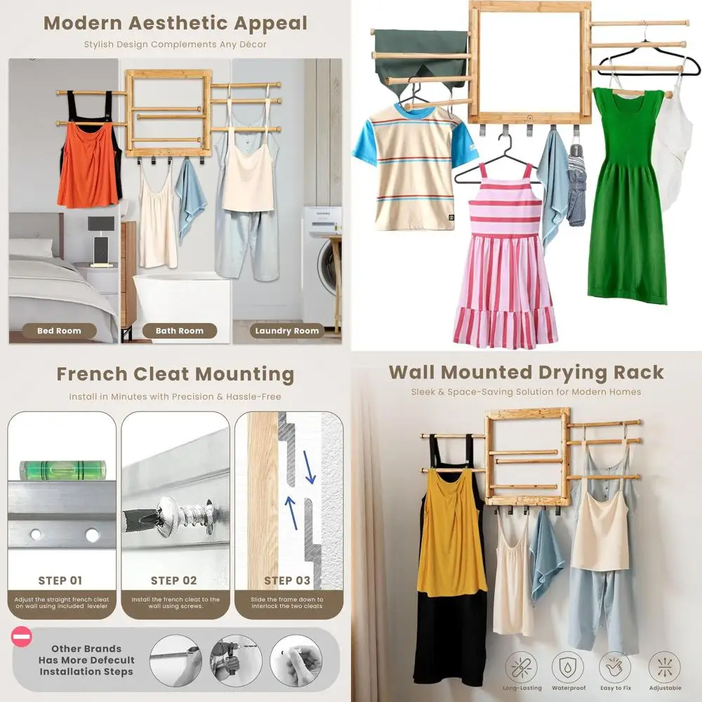 

Collapsible Laundry Drying Rack with 8 Arms & 5 Hooks, Space-Saving Clothes Hanger, 20, 80 lb Capacity, Natural