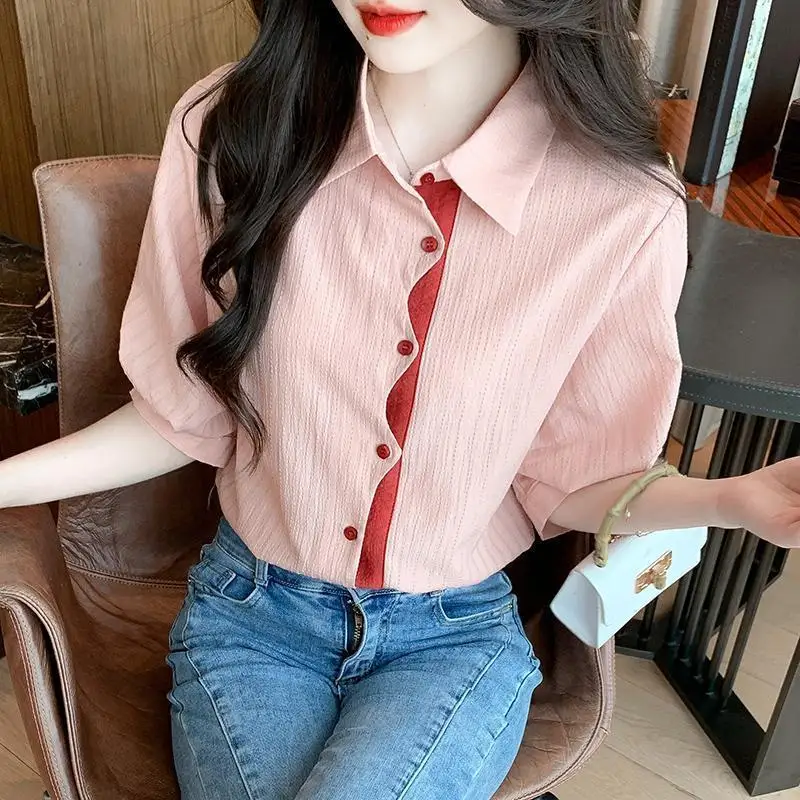 女性服夏のファッションカジュアルボタン無地ポロ襟女性シャツシンプルさエレガントなプリーツ半袖 Tシャツ