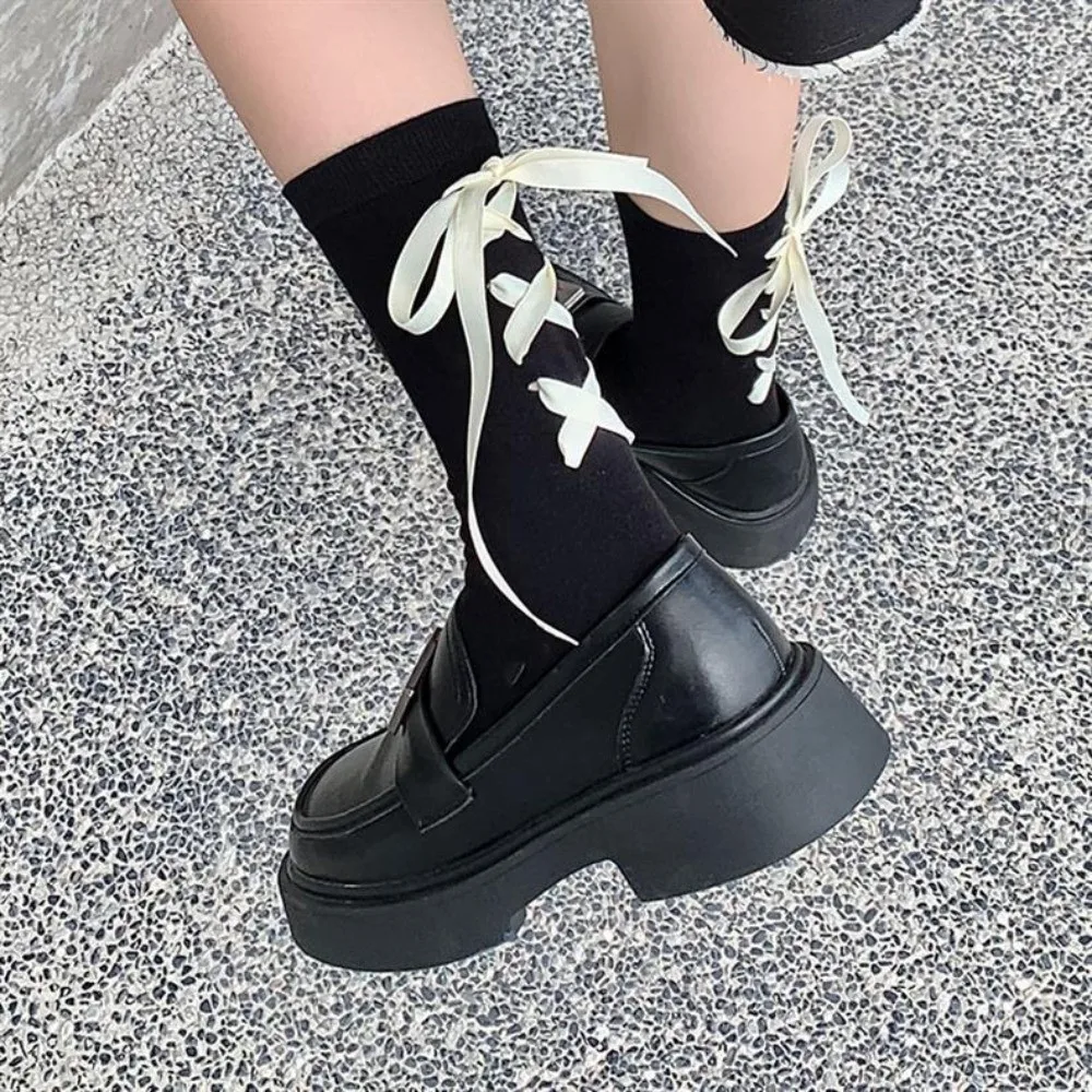 

Cotton Japanese JK Bow Socks Thickened Lolita Style Thermal Floor Socks Black White Comfortable Strap Bow Tie Stockings Ladies