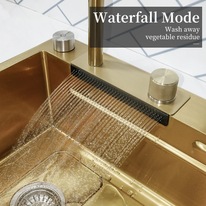 Waterfall Kitchen Sink Gold Stainless Steel Large Single Bowl Dishwasher Multifuctional With Knife Holder Wash Basin Sink Faucet