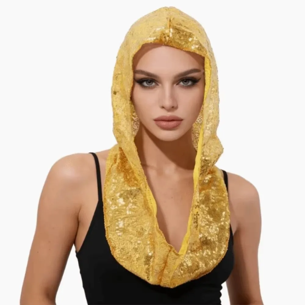 New Lace Sequin Hooded Headscarf Lightweight Breathable Glitter Turban Pullover Solid Hooded Head Wrap Costume Accessories