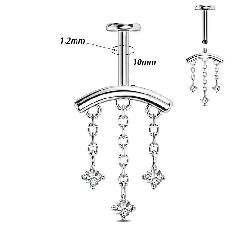 1 Stück/Set 316L Stahl Innengewinde-Ohrstecker mit Kupfer-Dreifachkette und Zirkonia-Anhänger, Helix-Lippenpiercing, Unisex, Trendig – Detail 6