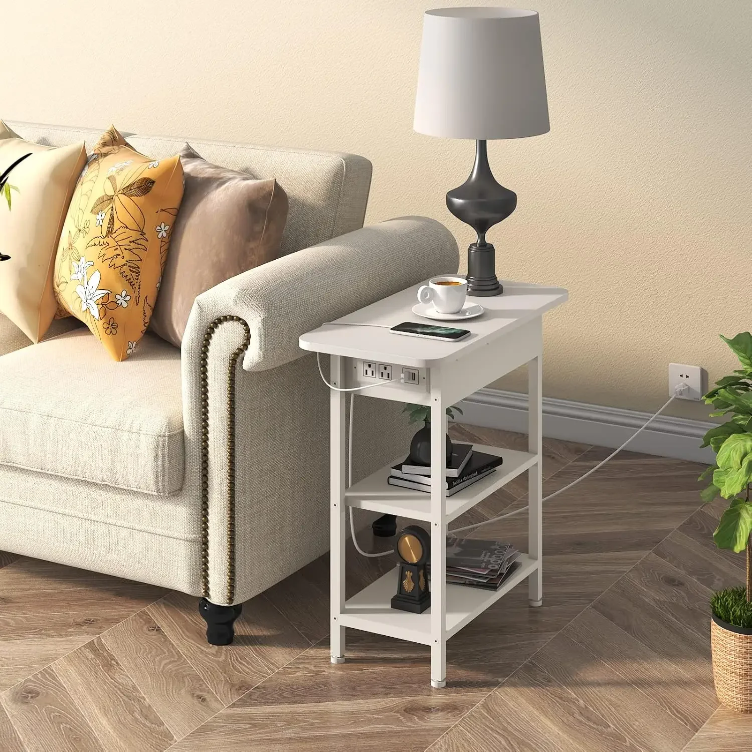 End Table with Charging Station, Flip Top Side Table with USB Ports and Outlets, Nightstand for Small Spaces, Bedside Tab