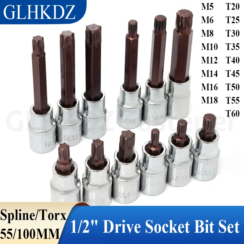 

1/2" Drive Socket Bit Set 55/100mm Spline 12 Point Torx Screwdriver Bit Socket Set Socket Wrench Adapter For Ratchet Wrench