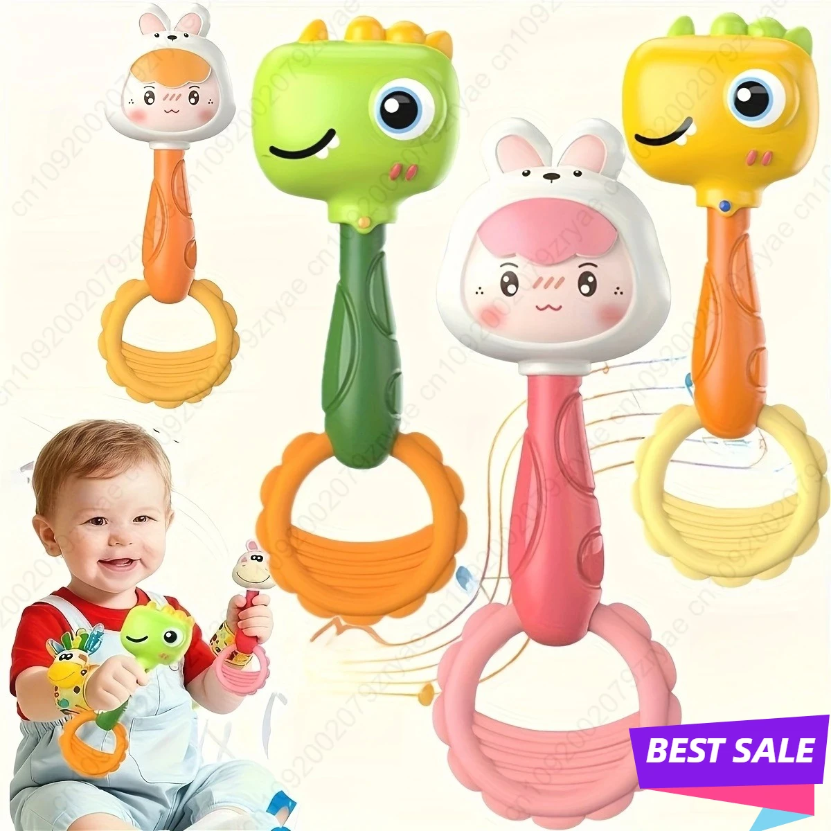 قطعتان من الجرس المكرنك اليدوي على شكل حيوان لطيف، لعبة تعلم في مرحلة الطفولة المبكرة التي تعزز قوة القبضة وتعزز البصرية #1