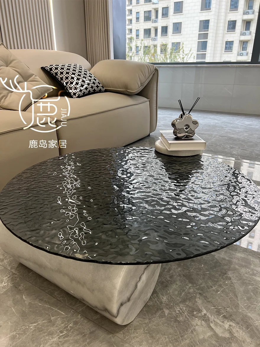 Water ripple tempered glass coffee table, living room, small household, light luxury, modern Italian style, minimalist round edg