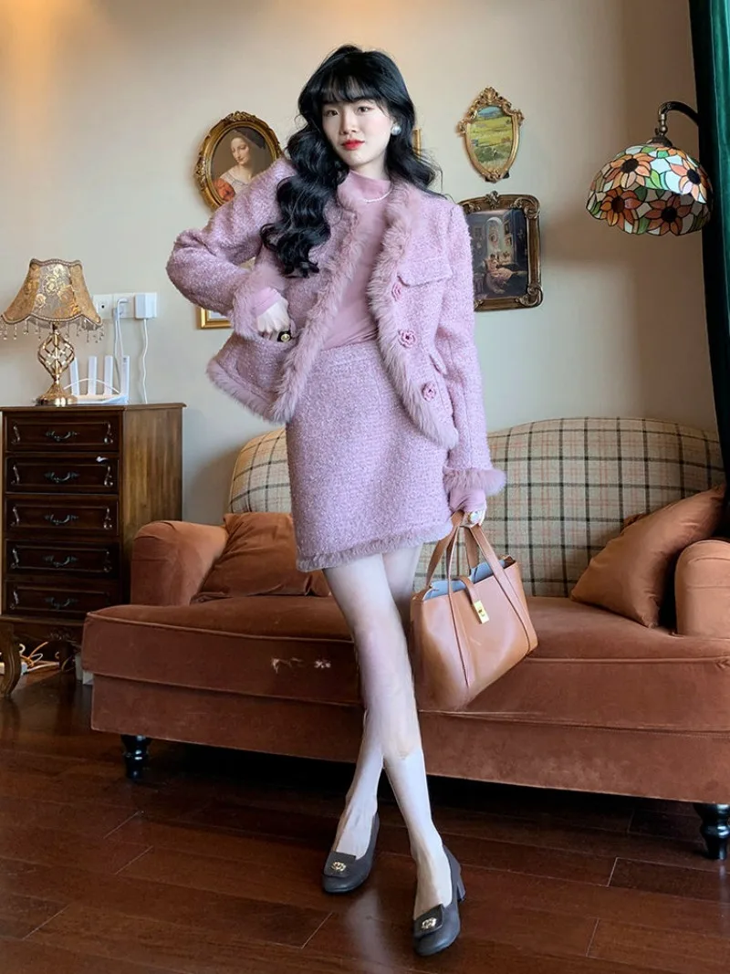 

Женский плюшевый пиджак и юбка, модный однотонный костюм из двух предметов в стиле ретро, с круглым вырезом и цветочным принтом