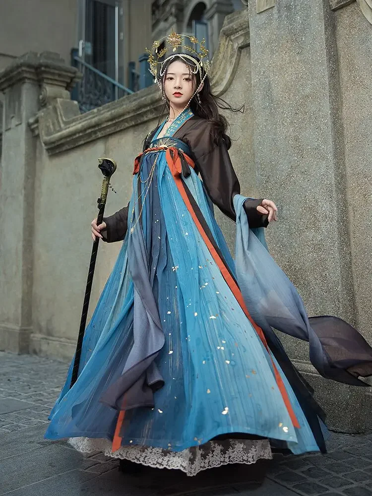 

Tranditional Han Styel Costume Southern Dynasties Hanfu Suit Black Top Blue Skirt Made By Tang Dynasty With A Chest Length Skirt