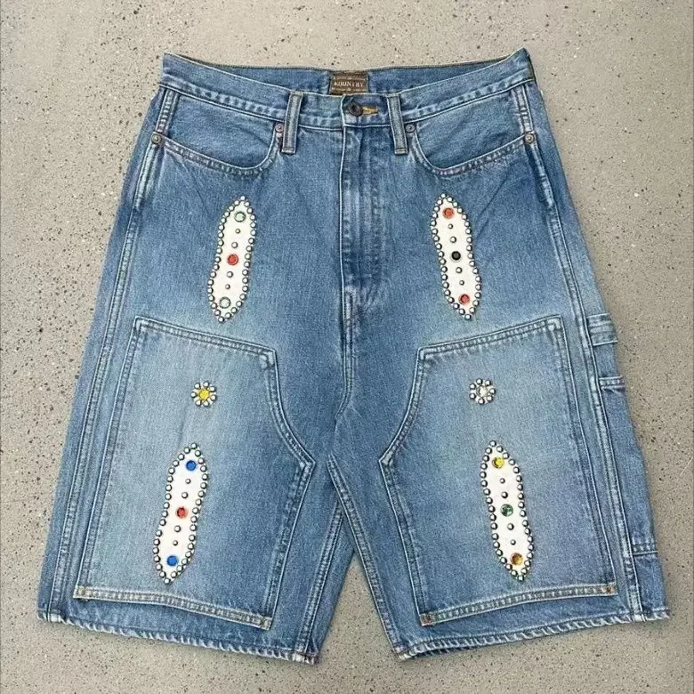 

American trendy denim shorts new style blue dyed retro old washed loose rivet studded shiny 2024 casual denim shorts for street