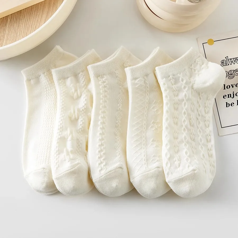 5 Pairs Ladies' Socks Set Solid Color Texture Mesh Design Breathable Low Socks Fashion Versatile For Girl Wholesale Summer