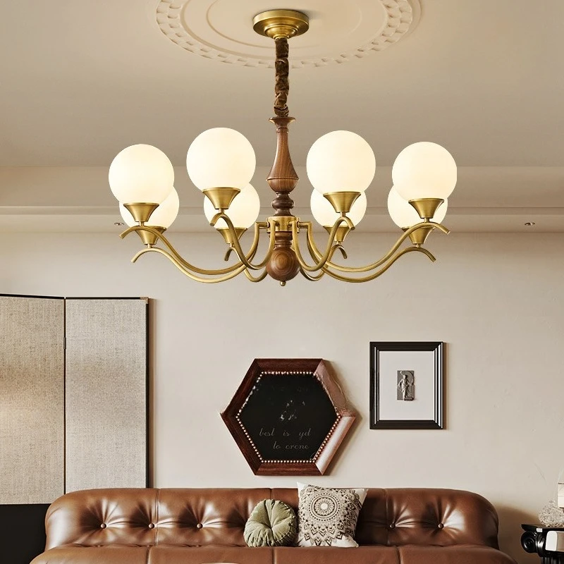 

French Vintage Copper Multi-Heads Ceiling Chandeliers LED Lamps Restaurant Kitchen Magic Bean Glass Walnut Wood Pendant Lights