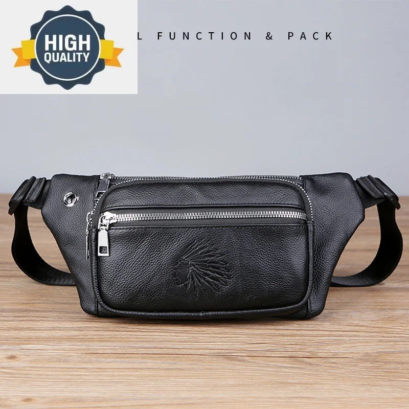 

Waist Thin Leather Bag For Man Casual Printed Pattern 3 Zipper Pocket Panny Pack Man's Chast Outdoor Sport New