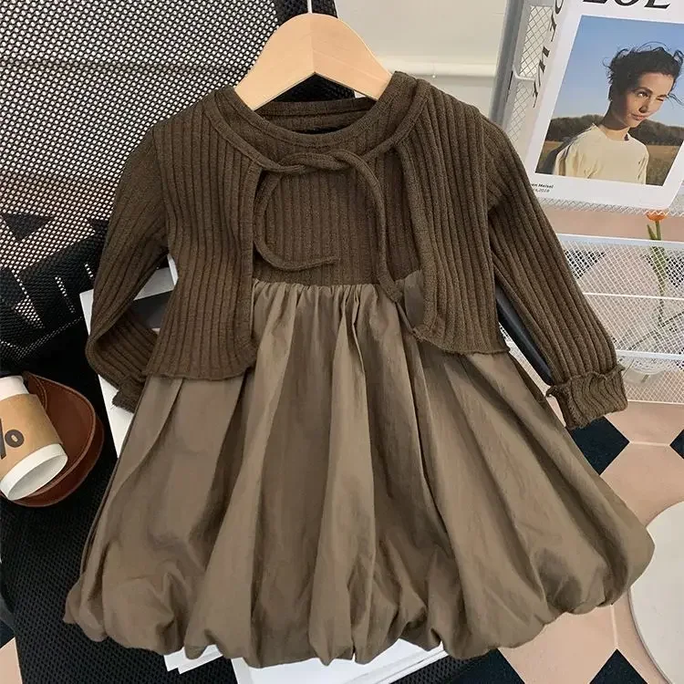 Dress Spring Autumn Girl Baby Children Personality Tide Korean Fashionable Cardigan Vest Flower Bud Causal 2024 Solid