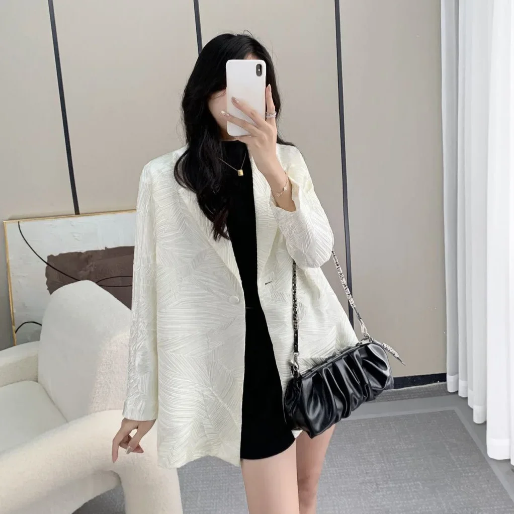 

Pleats Pleated Suit Jacket Jacquard Temperament Versatile Blouse Spring and Fall New Casual French Fashion Commuter Jacket