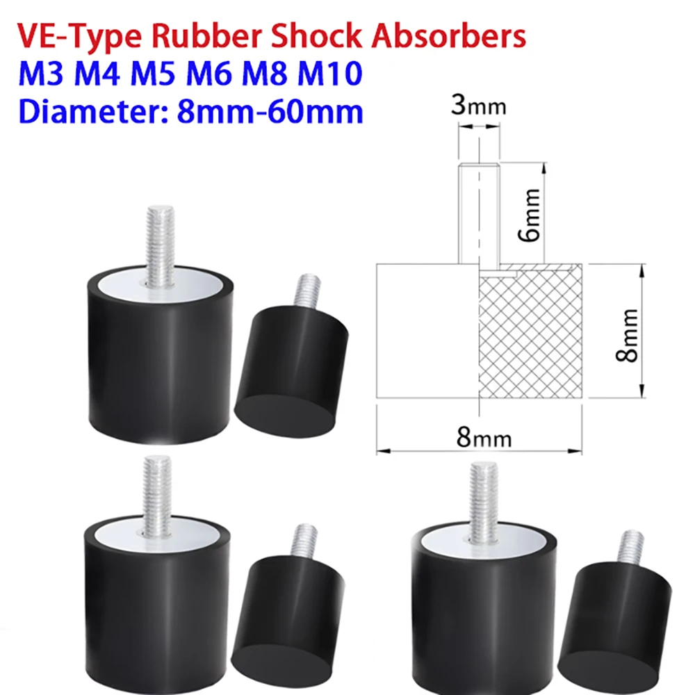 VE Type Rubber Shock Absorber M3 M4 M5 M6 M8 M10Shock-Absorbing Buffer Isolation Cylindrical Silent Male Thread Dia 8mm-60mm
