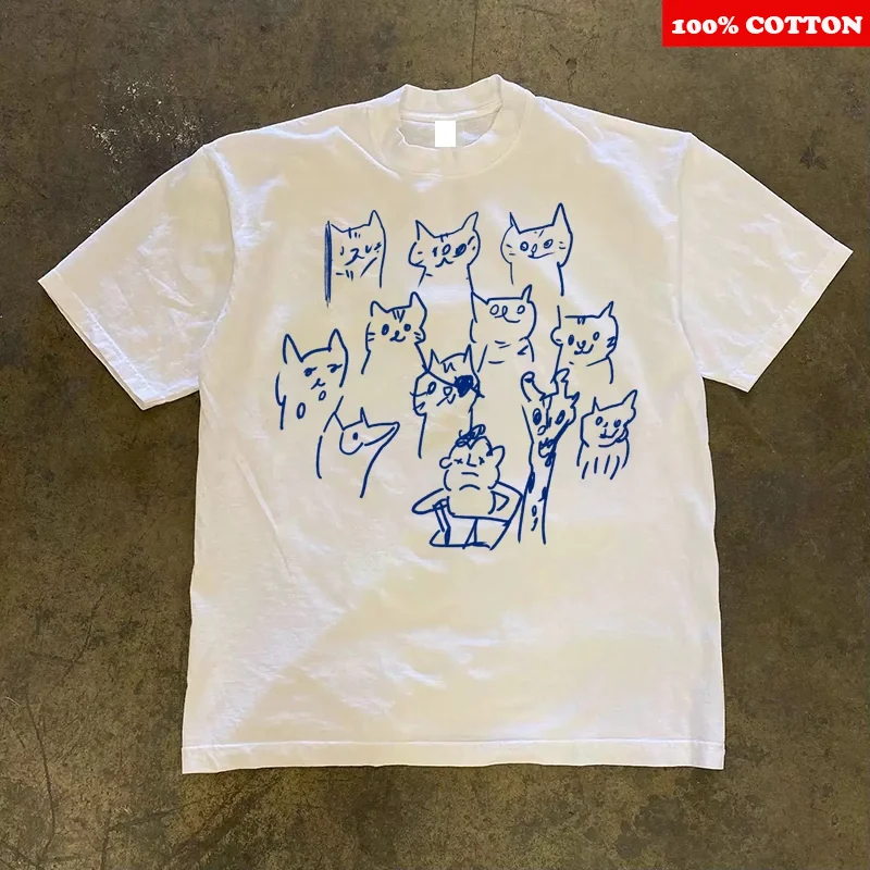 Camiseta con estampado de gato llorón de dibujos animados para hombre y mujer, camiseta holgada informal de manga corta de algodón 100%, Tops Y2k, ropa kawaii, verano 2025