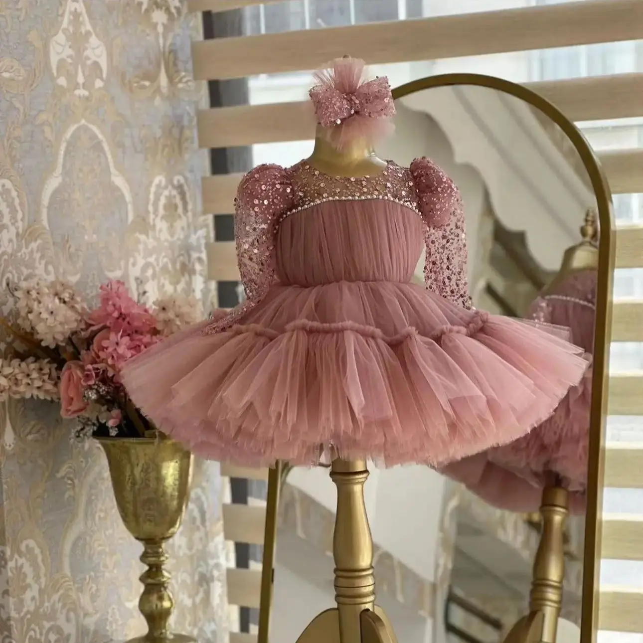 Dusty Pink Baby Girl's Birthday Party Gowns Sequined Bow Flower Girl Dresses for Wedding Customized Kids First Communion Dress