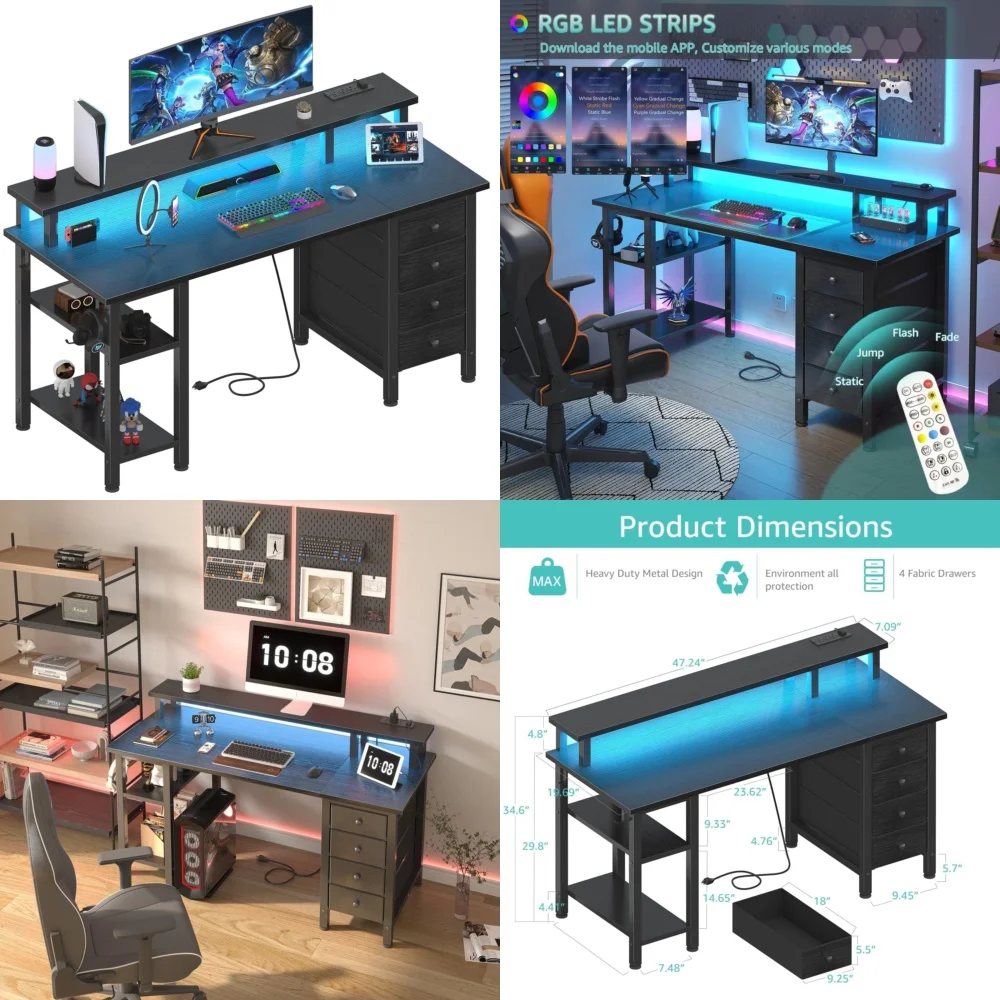 

Computer Desks47 inch gaming desk with LED lights and built in power outlets sleek black design for ultimate setup experience