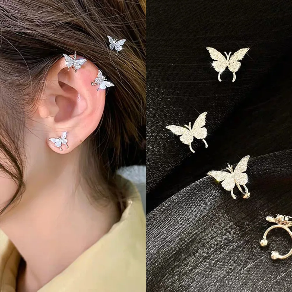 Korean Temperament Shiny Inlaid Zircon Butterfly Piercing Stud Earrings No Ear Holes Ear Clip for Women Sweet Romantic Jewelry