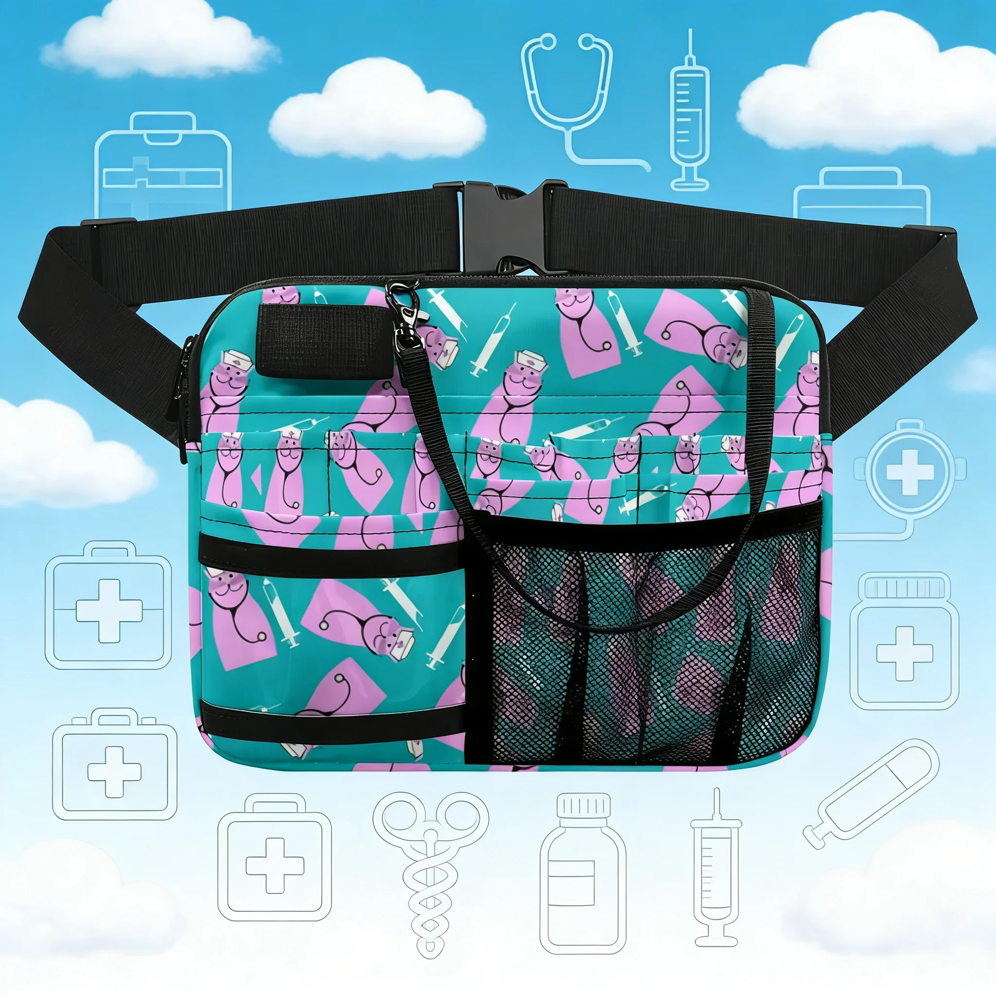 

Nurse Fanny Pack with Cartoon Cat Print, Medical Waist Bag for Nurses, Multi-Pocket Utility Belt Pouch for Work, Blue/Purple/Tur