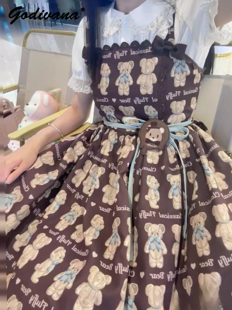 

Japanese Style Lolita Furry Bear Print Cartoon Suspender Dress Female Girls Sweet Cute Spring and Summer Straps Midi Dress