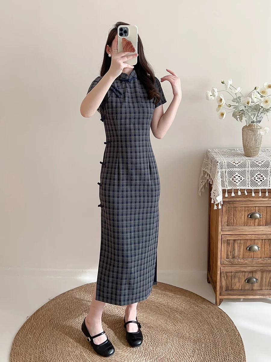 

Blue id Young Sle Qipao Ele Daily Улучшенная версия Jiangnan Fu Ретро Китайская Республика Летний хит Дышащий длинный доктор