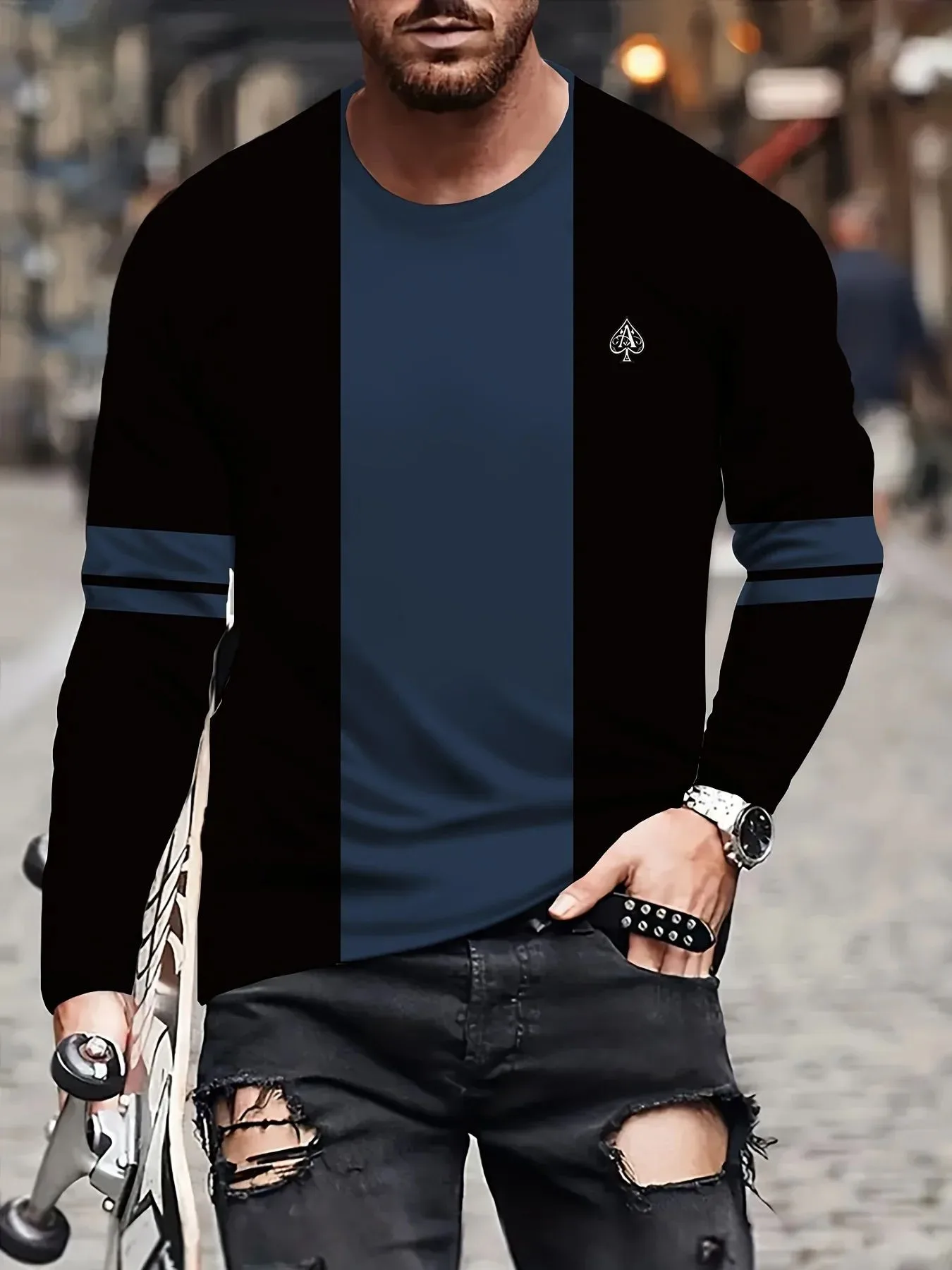 تي شيرت رجالي جديد بأكمام طويلة لربيع وخريف 2025 كاجوال عصري ومريح مع طباعة نمط ثلاثي الأبعاد #5