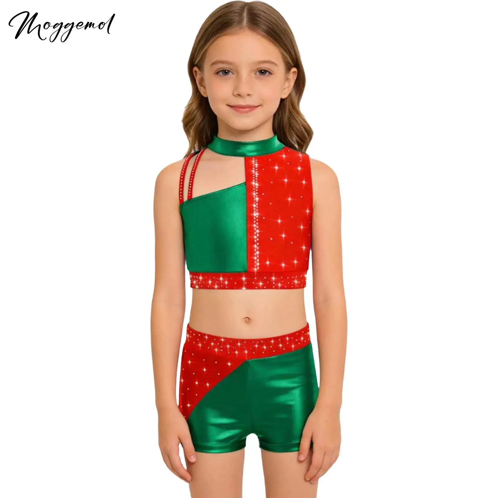 

Детский комплект из 2 предметов для гимнастики и балета для девочек: топ с высоким воротником без рукавов, блестящими стразами, металлическими цветовыми блоками и шорты.