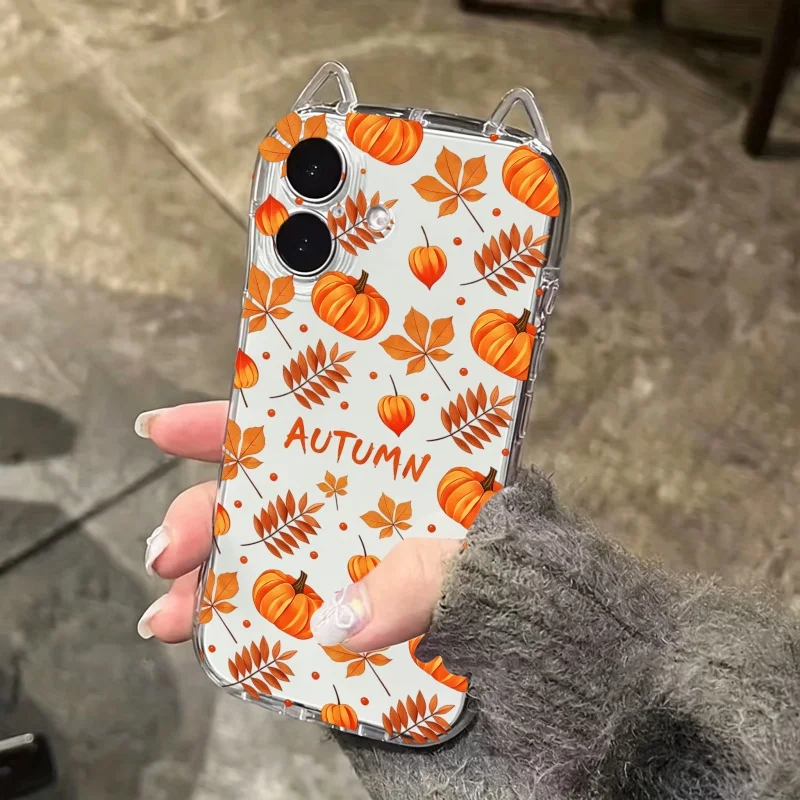 Autumn Pumpkin Falling Leaves Pattern Phone Case for IPhone 17 16 15 14 13 12 11 Plus Pro Max 17 Air Soft Silicone Clear Cover view 2