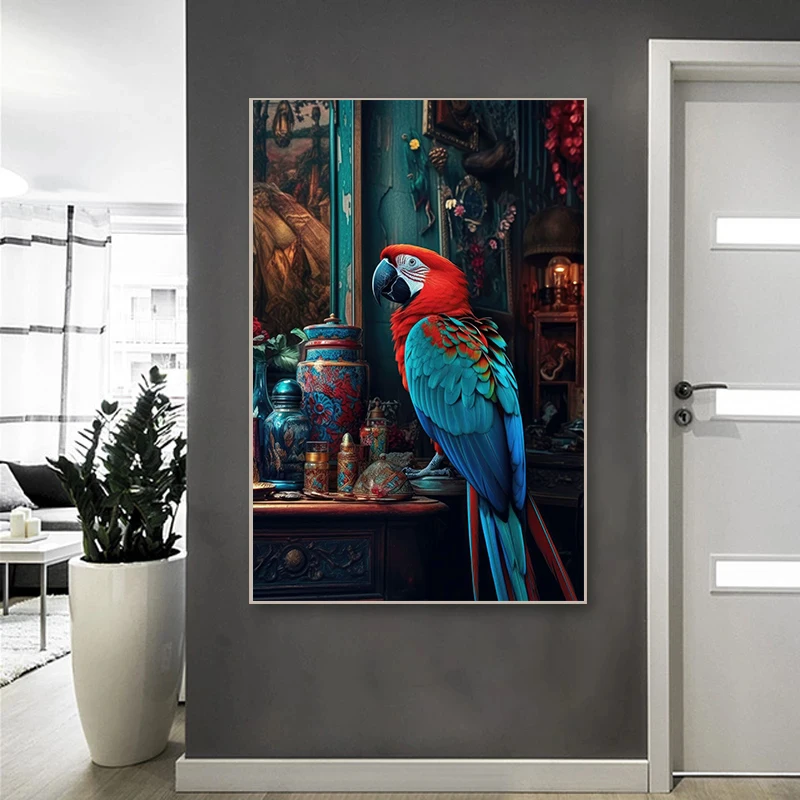 Vintage Still Life Tiger Parrot Flowers Canvas Painting Wall Decor Pretty  Nordic Art Poster and Prints Picture Home Room Cuadro
