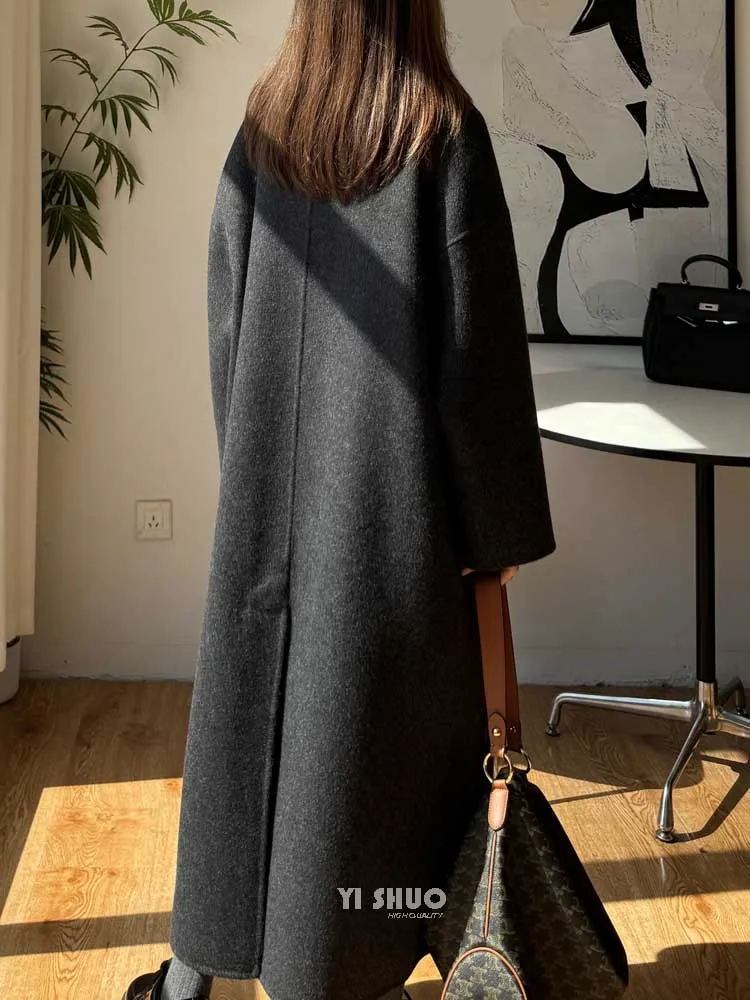 Autumn Winter New Korean High-end Dark Gray Standing Collar Double-sided Wool Coat Casual Long Coffee Woolen Coat for Women