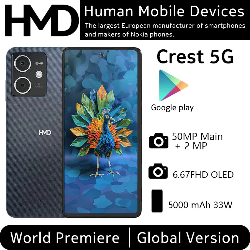 Globale Version HMD Crest 8 GB 256 GB 5G Smartphone 5000 mAh 33 W Ladeunterstützung 6,67 Zoll FHD OLED-Bildschirm 50 MP Kamera Android 14