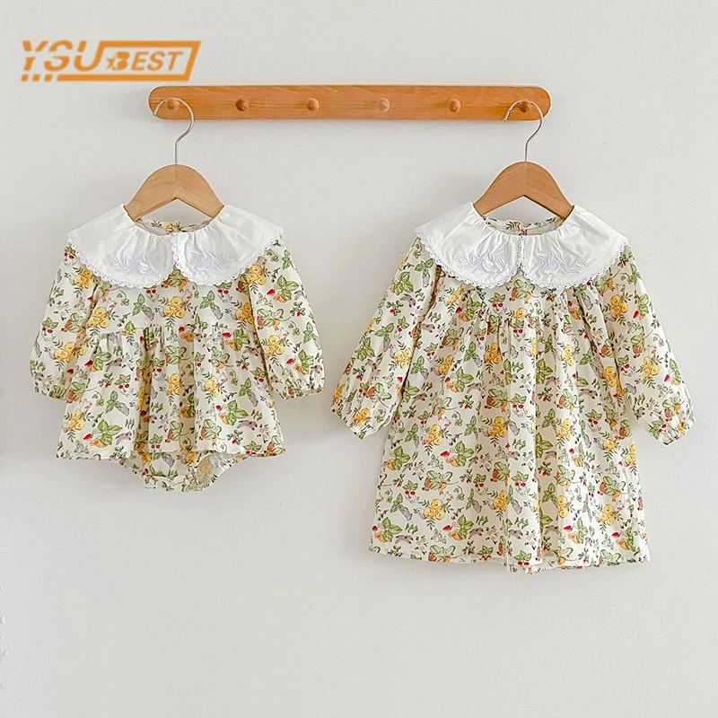 New Kids Baby Girls Long Sleeve Lace Collar Sisters Dress Infant Baby Girls Clothes Newborn Baby Girls Printing Rompers