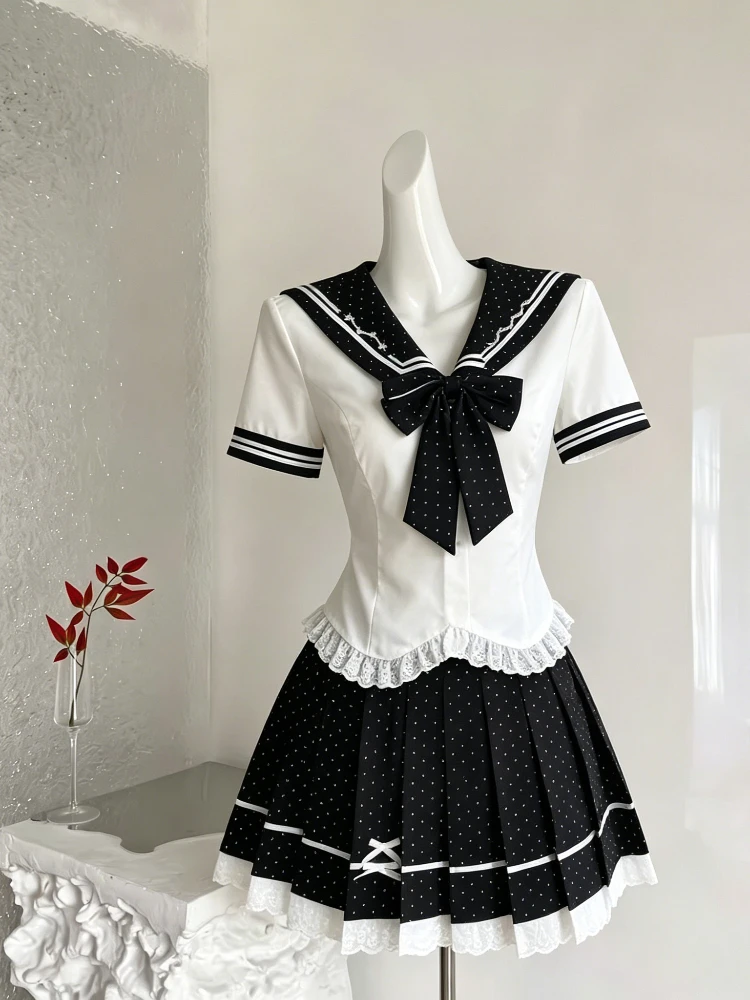 

Summer Casual Sweet 2 Piece Set for Women Polka Dot Embroidered Preppy Style JK Mini Skirt Suit Chic Retro Daily Female Clothes