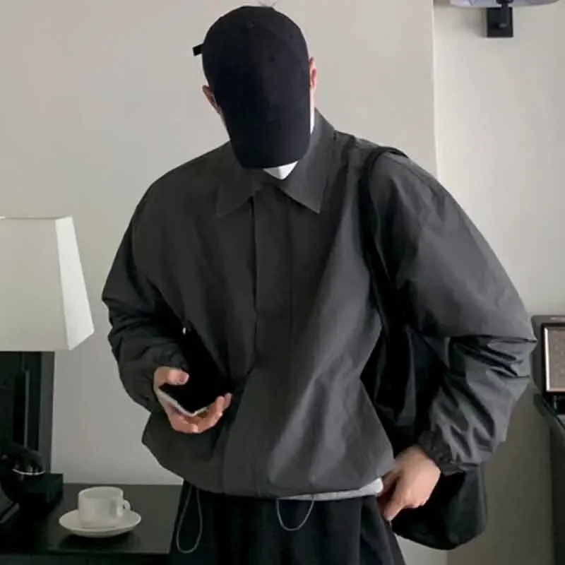 

Male Jackets Casual Turn-down Collar Solid Color Pockets Drawstring Loose Men Short Coats Chic Men's Wear Spring New