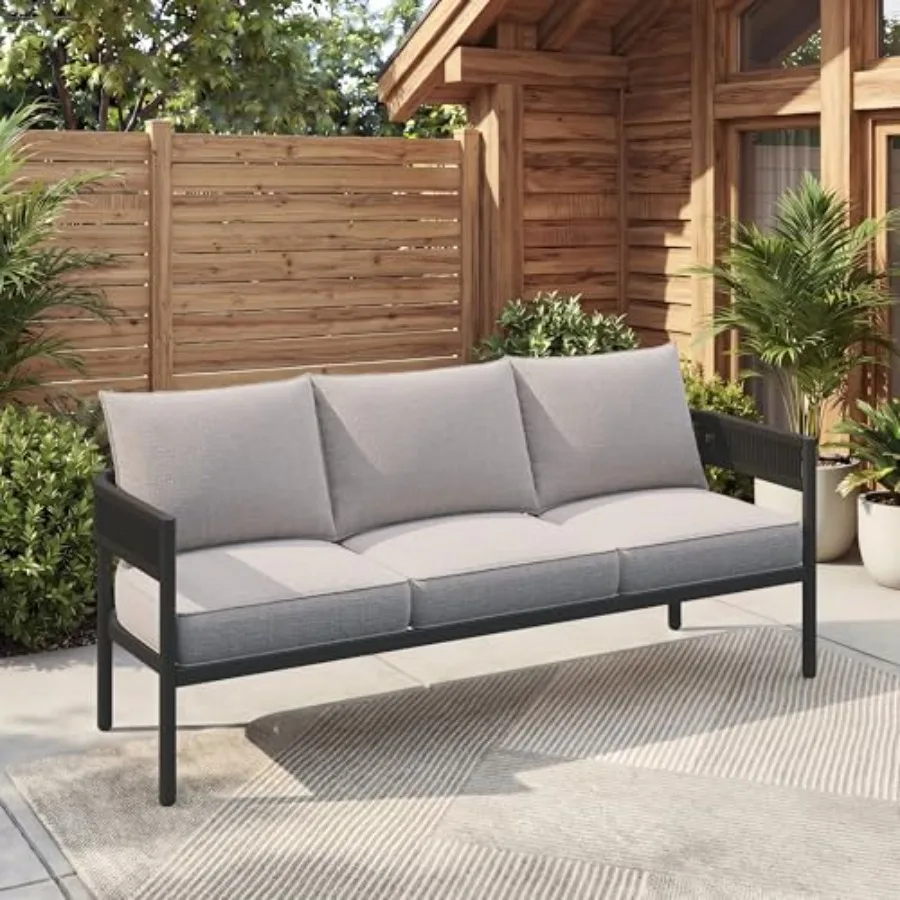 

Gand Patio Outdoor 3-Seat Couch Sofa Wicker Conversation Set with Thick Cushion for Porch Garden Yard Beige