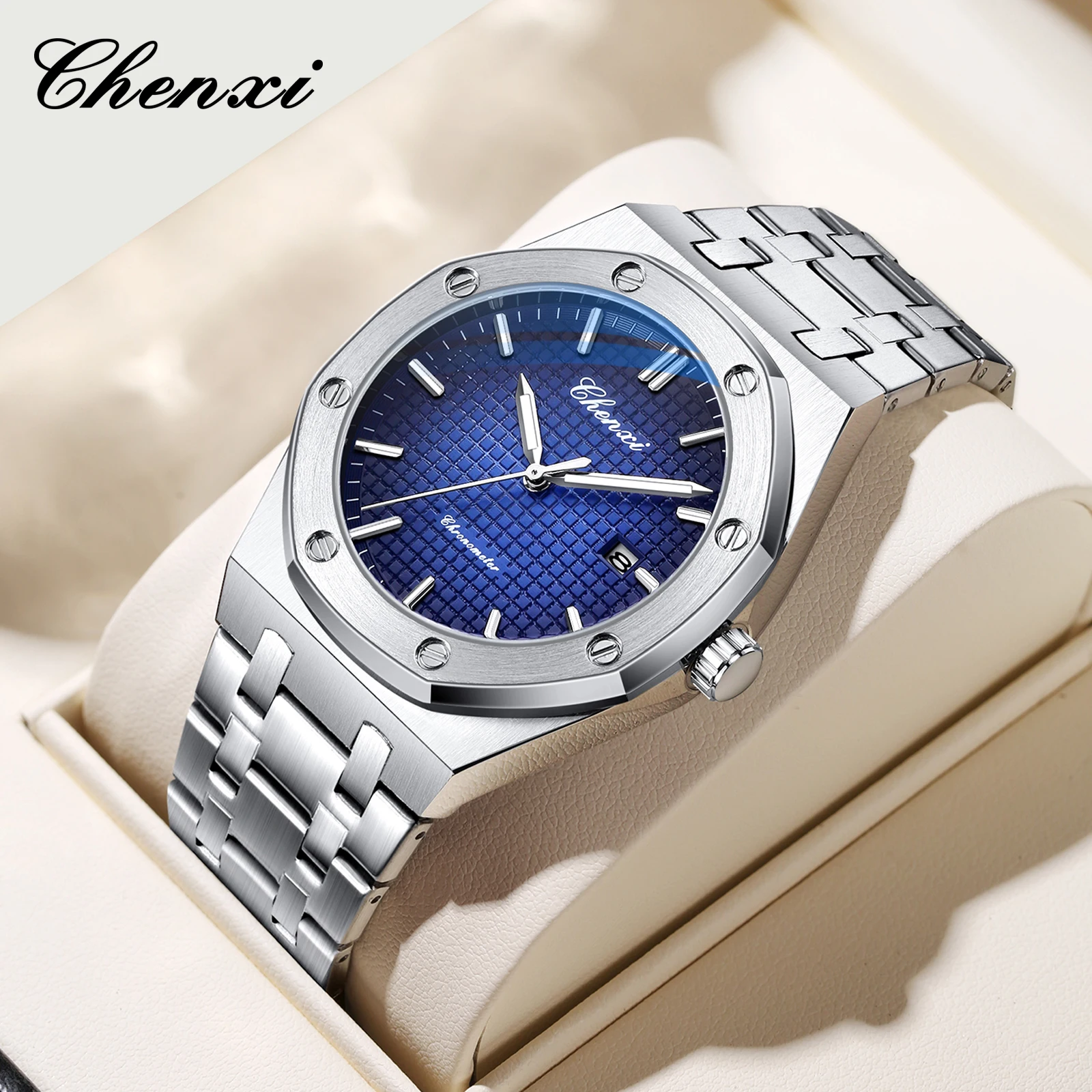 NEW CHENXI プレミアムブランド 高級カジュアルメンズ腕時計 夜光、防水、日付表示 ステンレススチール製メンズ腕時計