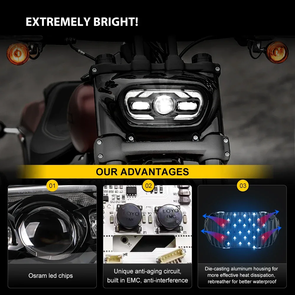 motorcycle parts & accessories hight quality hi/lo beam led headlights motor headlamp for Harley Fat Bob