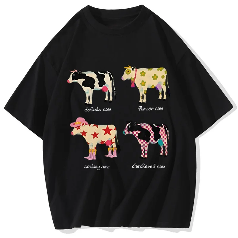 Fashion Cute Cartoon Cow Print T-Shirt Pure Cotton Washed Shoulder Round Neck Neutral Style Trend New High Quality Short Sleeves