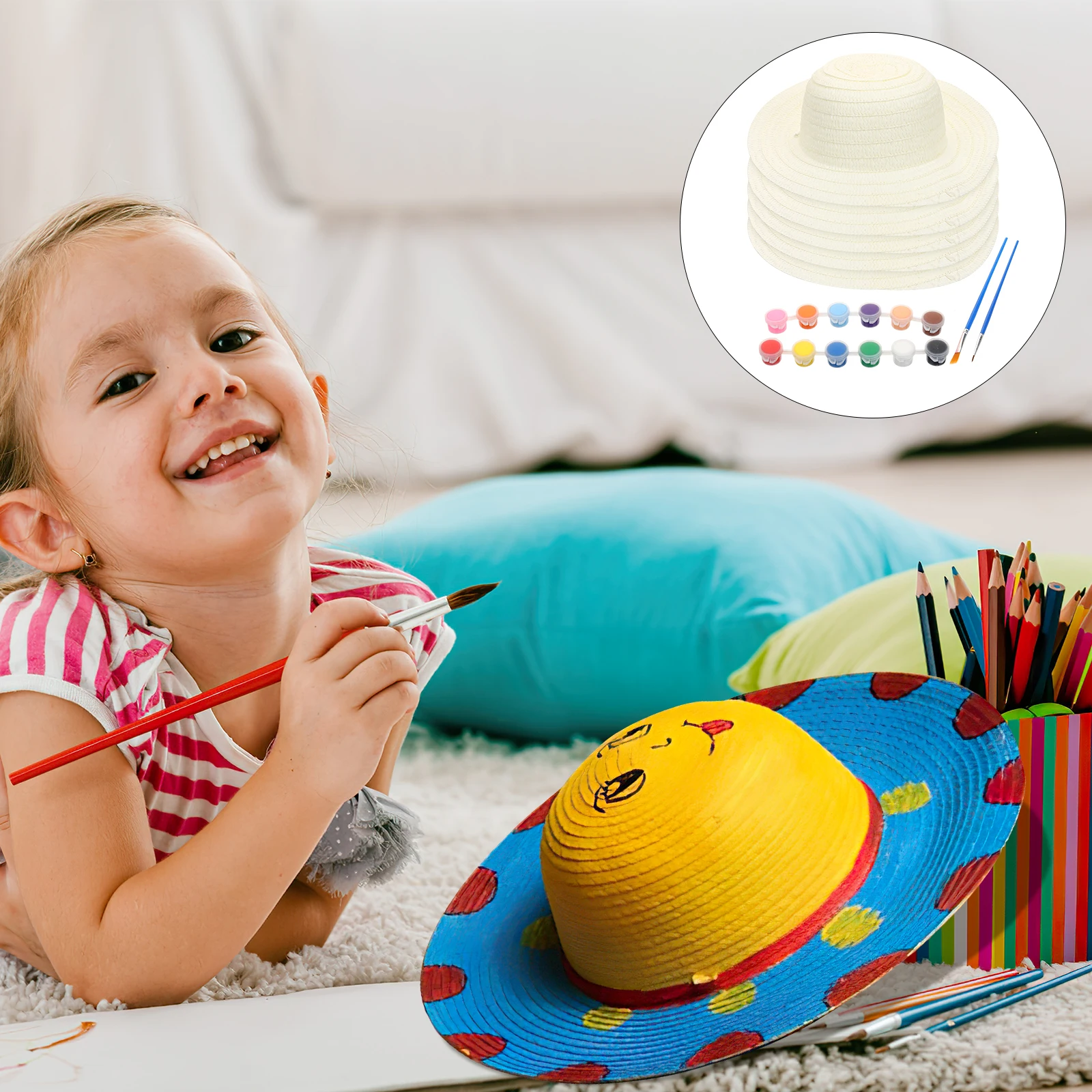 

1Set DIY Straw Hats for Plain Color Painting Craft Kits Creative Summer Sun Visor Handcraft Activities Paint Your Own Hat