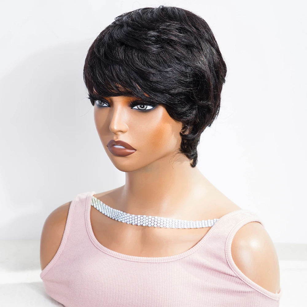 Human Hair Wig Texture Short Wig&Bangs Pixie Cut Wigs For White Women Full machine made wig