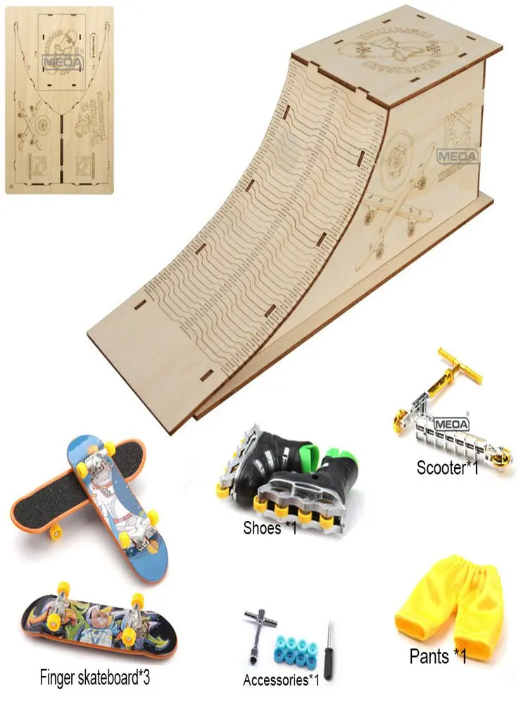Holz Finger Skateboard Park Treppenrampe Lagerregal Set kommt mit Roller Scooter Professionelles Griffbrett Set Kinderspielzeug