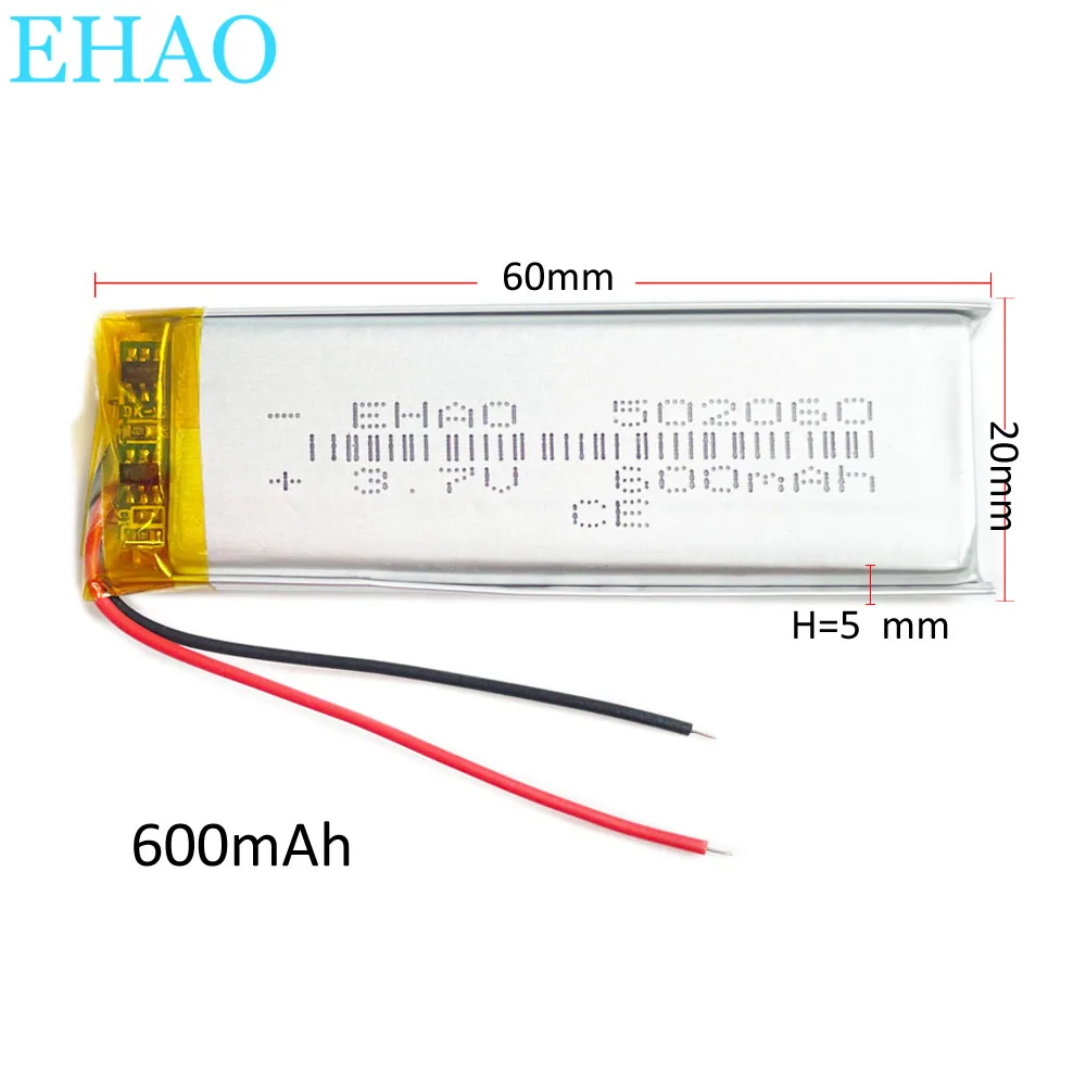 3.7V 600mAh Lithium Polymer LiPo Rechargeable Battery 502060 For Mp3 MP4 GPS bluetooth ebook power bank bluetooth speaker