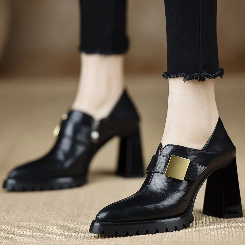 

2025 New Women's Spring Summer Shoes Genuine Leather Fashionable Comfortable High Heels Platform Dress Party Office Lady Pumps