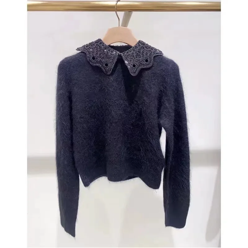 

Women's Sweater Detachable Sequin Lace Peter Pan Collar Sweet Loose Autumn New Ladies Knitted Jumpers