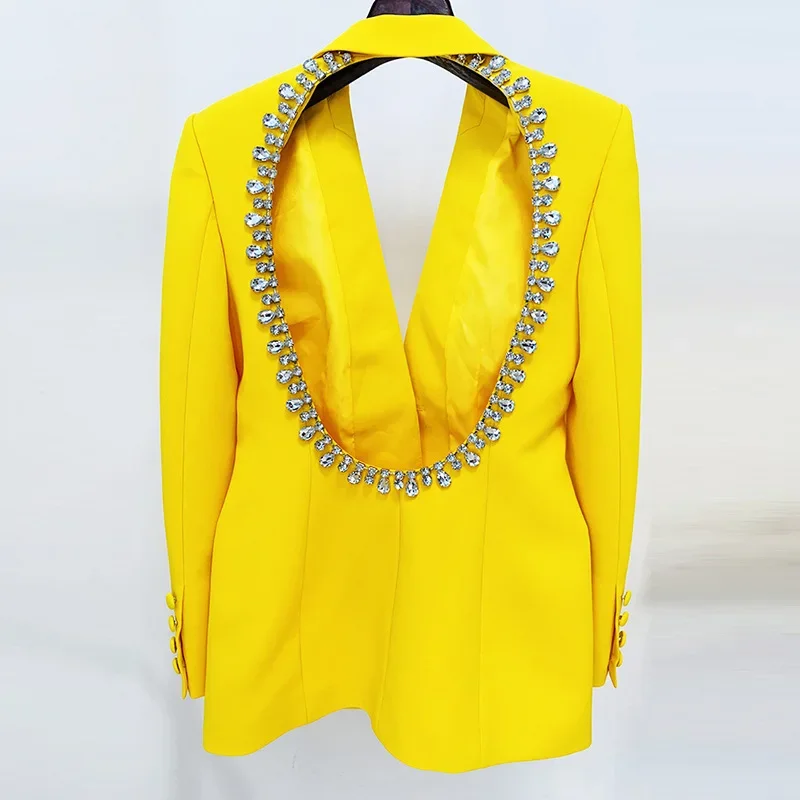 Yellow Ladies Suit Jacket Birthday Party Personality Backless Diamond Rhinestones Beaded with Diamonds in The Long Section.