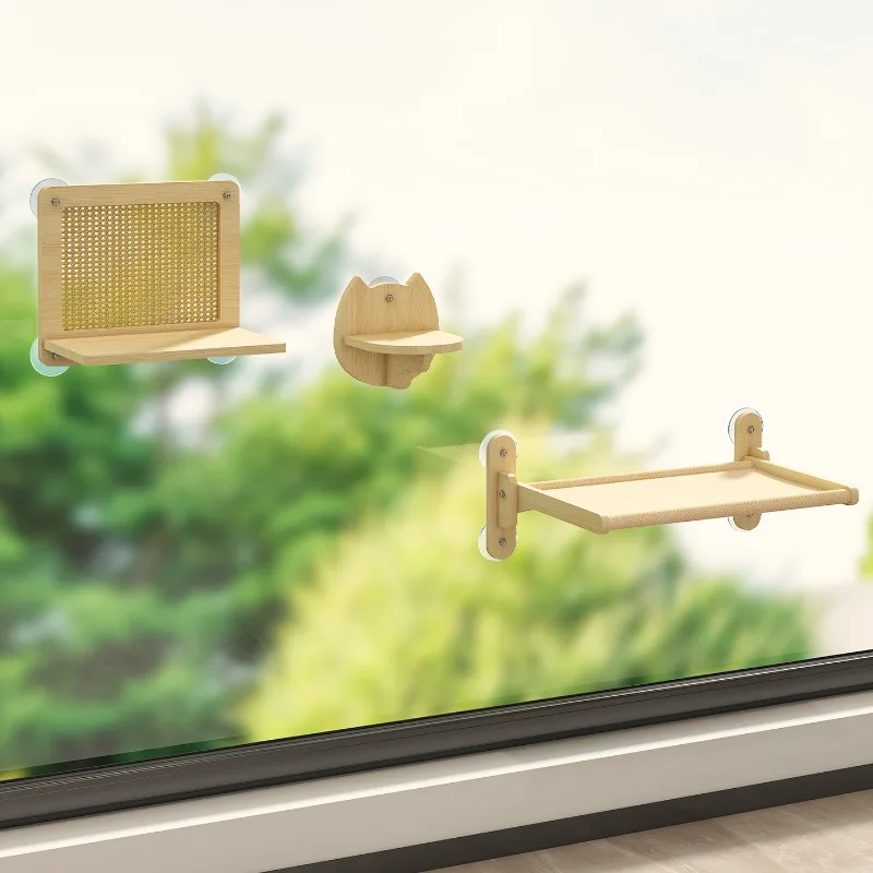 Wooden Cat Hammock Suction Cup Window Cats Shelf Wall‑Mount Cat Rest Platform Kitty Sunbathing Rest Platform Jump Shelves