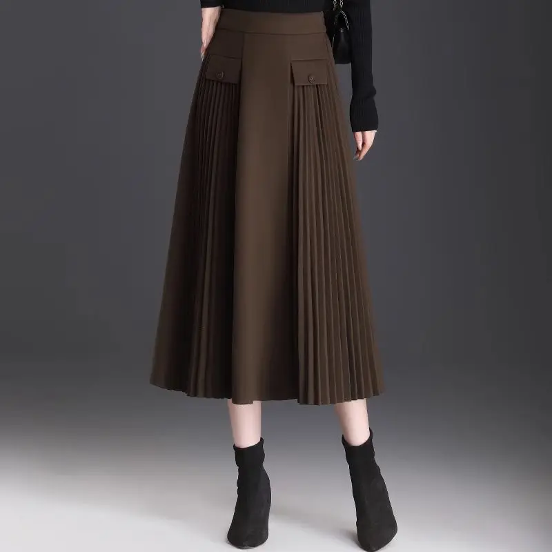 Women High Waist Midi Skirt Pleated Patchwork Button Decor Pockets A Line Swing Casual Skirt