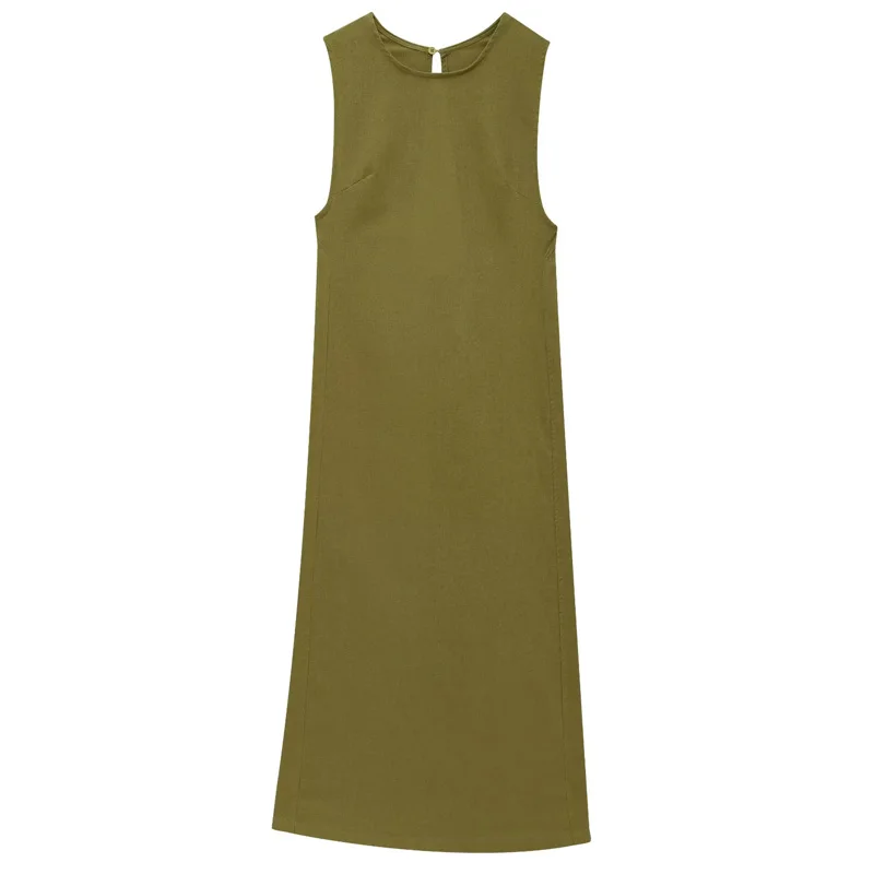 HXAO Abiti lunghi verdi 2025 Donna senza maniche Abito estivo in lino Cut-Out Backelss Abito longuette Abiti eleganti da donna 088