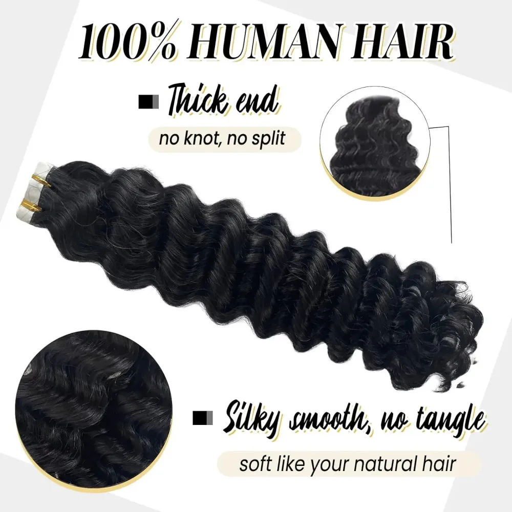 Deep Wave Tape in Hair Extensions Human Hair Brazilian 100% Curly Tape in Extensions Human Hair Natural Black Salon High Quality